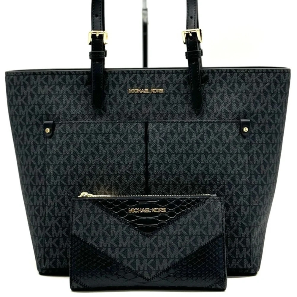 Michael Kors Jet Set Medium Pocket Tote Bag & Double Zip Wallet Black Multi
